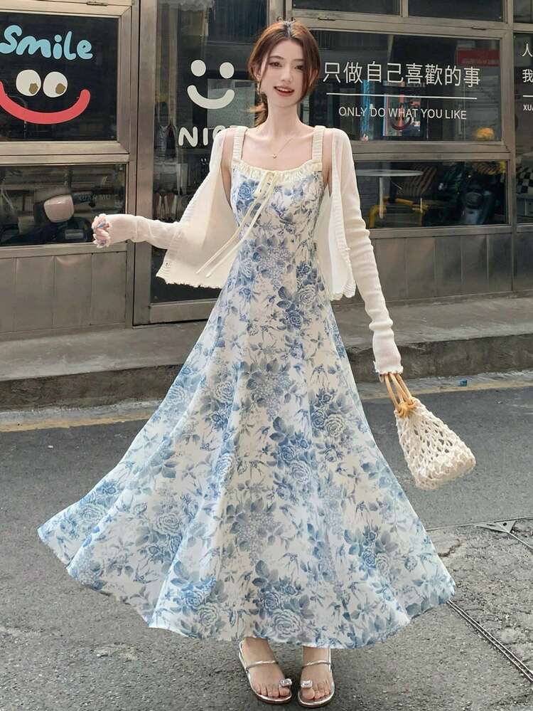 Women's Floral Print Spaghetti Strap Midi Dress, Suitable For Party, Birthday, And Special Occasions Spring Easter Sundress