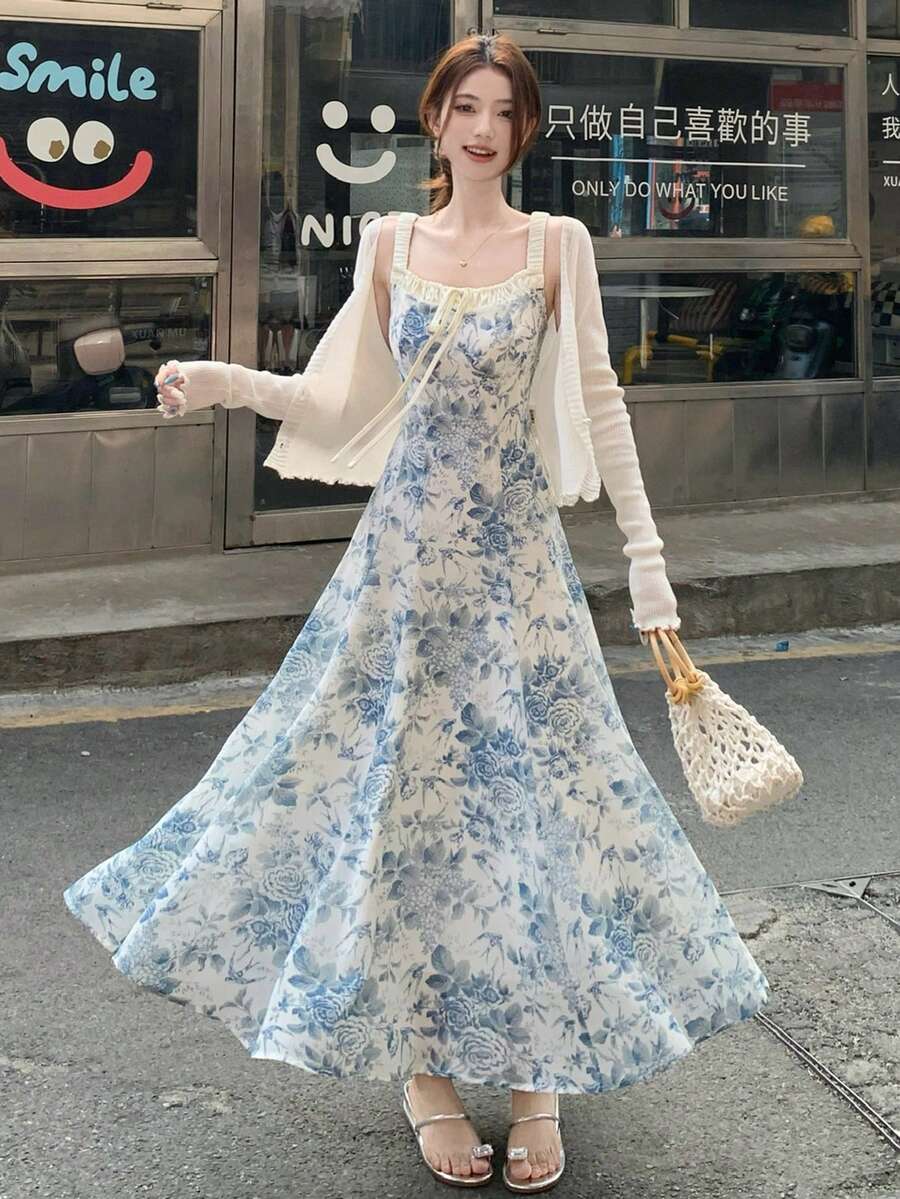 DAZY 女士印花吊带中长连衣裙，适合派对、生日和特殊场合，春季复活节连衣裙 - 藍色 - 查看 1