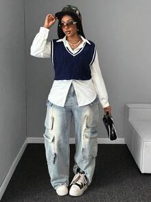 Maweii 大码女式针织背心，撞色设计，深V领，宽松休闲，适合秋冬季节，学院风，面料柔软舒适，日常通勤皆宜。 - 藏蓝色 - 查看 6