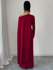 Elenzga 新款春夏不对称肩部优雅修身长连衣裙，纯色 - 酒紅色 - 查看 2