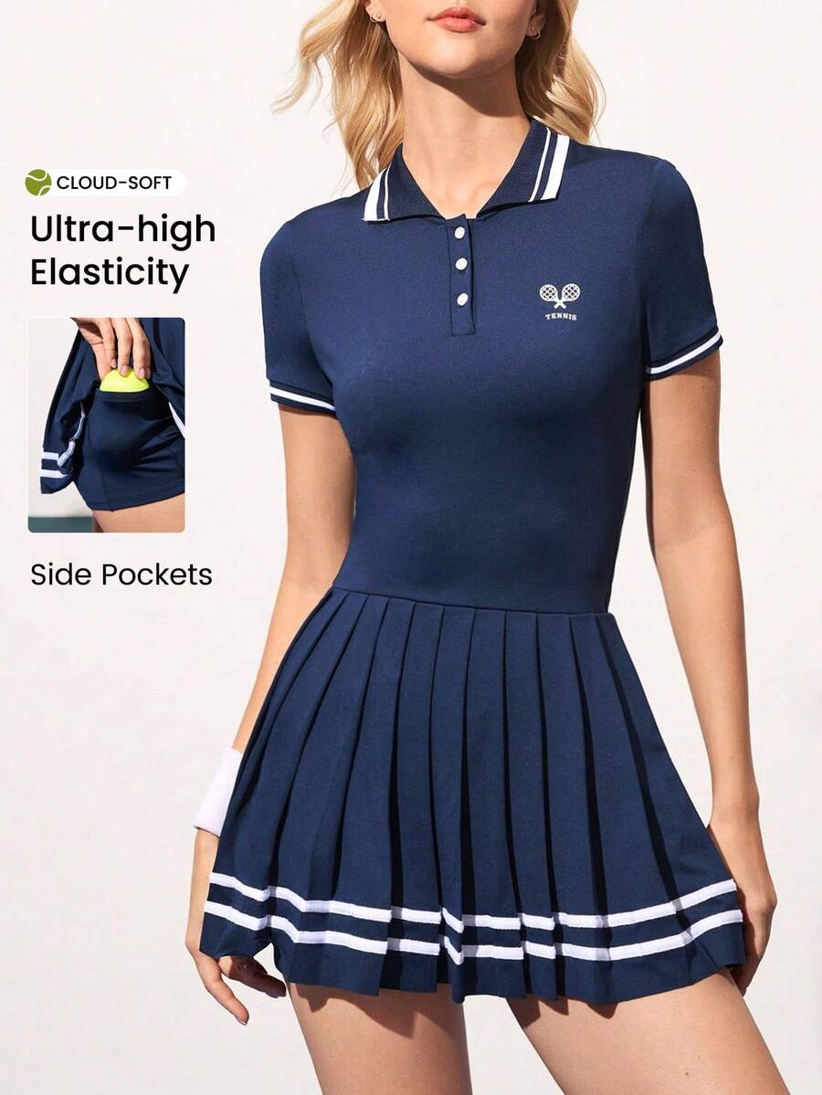 Gameset SHEIN Sport 女士字母球拍印花 Polo 领褶裥下摆运动连衣裙套装 - 藏蓝色 - 查看 1