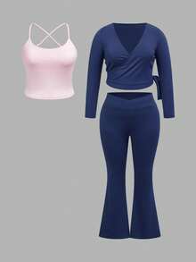 CovetEZ 大码性感极简瑜伽套装。瑜伽长袖外套、吊带背心、交叉腰带瑜伽裤。 - 藏蓝色 - 查看 8