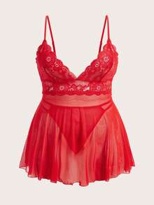 SHEIN Plus Size Classic Sexy Red Mesh Babydoll Lingerie With Contrast Lace Detail - Red - View 1