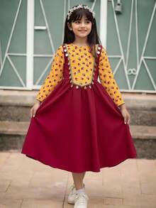 SHEIN Long-Sleeved Floral Print Sequin Abaya Arabic Muslim Young Girls Dresses Fitted Waist - Multicolor - View 7