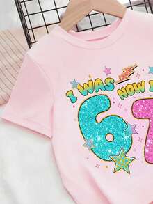 SHEIN 1件女童休闲时尚创意独特清新简约数字67粉色星星字母标语印花舒适基础款短款T恤，温暖舒适的夏秋季款式，适合女孩穿着 - 粉色 - 查看 5