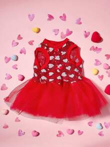 PETSIN 1件宠物通用情人节红色爱心亮片网纱拼接奢华公主裙 - 彩色 - 查看 5