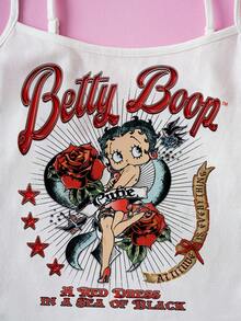 Betty Boop x SHEIN Camiseta de tirantes casual con patrón de figura de dibujos animados retro para mujer, versátil, para uso diario, para verano - Blanco - Ver 4
