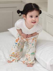DAZY 2 piezas Conjunto de ropa de estar en casa para niñas pequeñas con camiseta de manga larga de unicolor y pantalones con estampado floral - Blanco - Ver 7