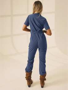 Aralina Women's Solid Color Short Sleeve Utility Pocket Zipper Front Jumpsuit - Blue - View 2