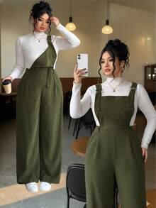 Elenzga Plus Size Women's Fashionable & Elegant Adjustable Strap Jumpsuit, Suitable For Outings, Back To School, Dates, Autumn/Winter - Green - View 1