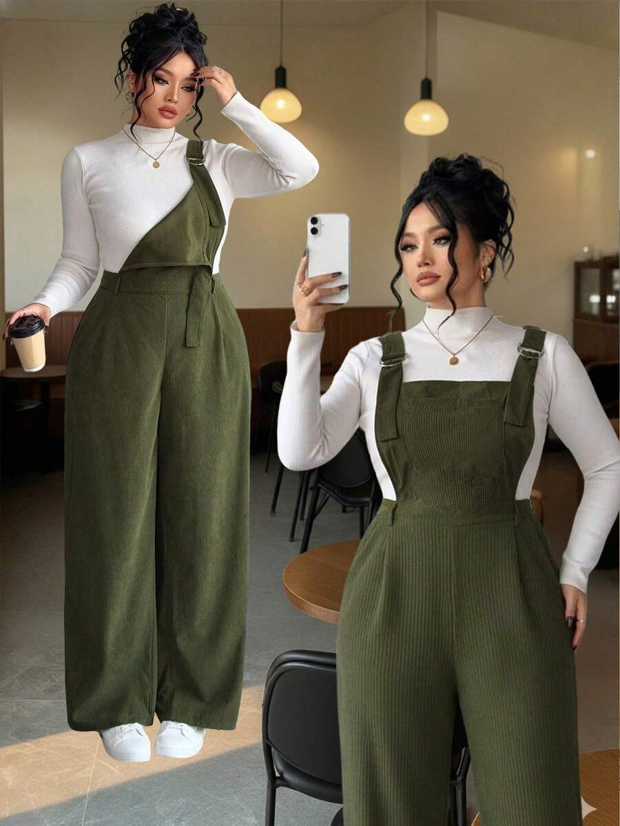 Elenzga Plus Size Women's Fashionable & Elegant Adjustable Strap Jumpsuit, Suitable For Outings, Back To School, Dates, Autumn/Winter - Green - View 1