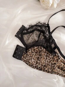 2pcs Women Leopard Print Lace Patchwork Front Closure Wireless Thin Cup Comfortable Lingerie Set - Multicolor - View 3