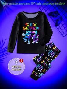 67 Digital Home Wear 1Set Boys' Glow-In-The-Dark Cartoon Numeric Character Print Long Sleeve Top And Pants Snug Fit Pajamas, Spring/Autumn/All Season