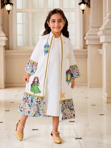 中东风情时尚优雅女童两件套：长袖薄款立领开衫外套+无袖长裙，适合日常穿着和正式场合。 - 白色 - 查看 7