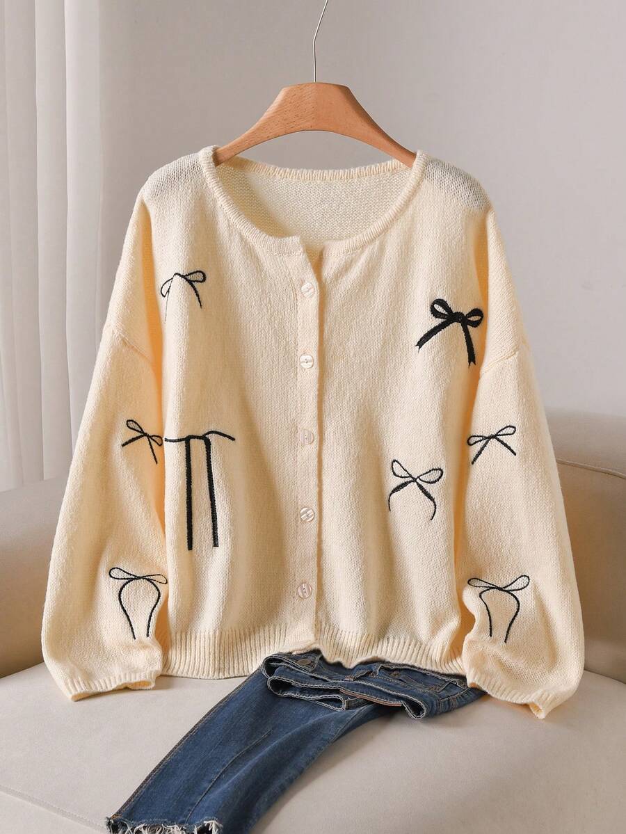 CosyJoli Plus Size Casual Bow Embroidered Round Neck Cardigan Sweater Cute Button Up Bow Cardigan In Fall/Winter/Spring Women, Spring Breaks - Apricot - View 1