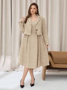 Auralis 秋冬季大码纯色单排扣长袖西装外套连衣裙优雅套装