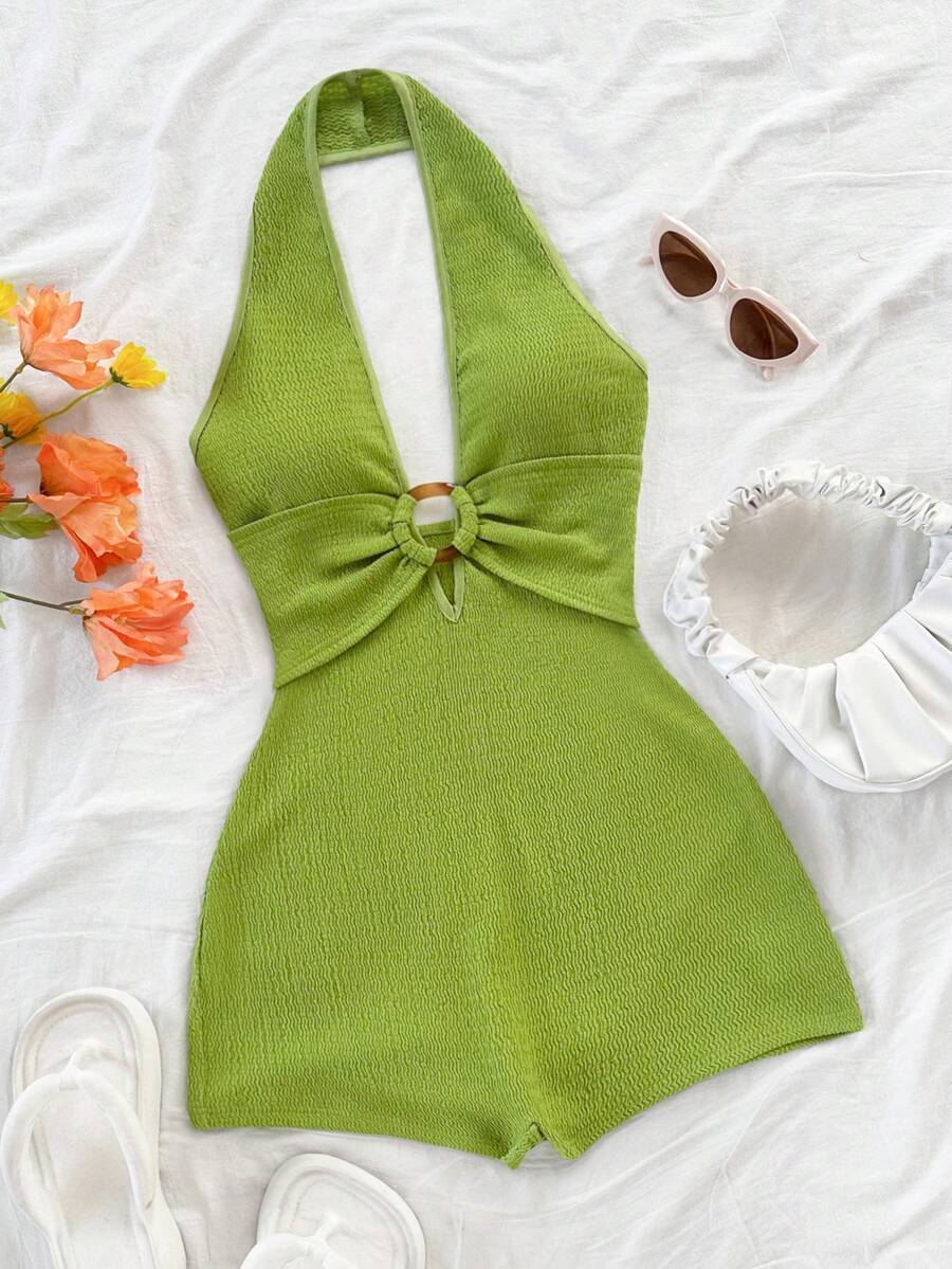 Soleia 女士白色纹理针织露背连体裤，饰有圆形圆环，优雅性感，适合万圣节、圣诞节、度假等场合。 - 綠色 - 查看 1