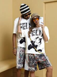 Felix The Cat X SHEIN 1 Set Men's Casual Fashion Street Cartoon Tree & Letter Print Loose Drop Shoulder T-Shirt And Drawstring Waist Contrast Striped Side Shorts Set, Summer - White - View 4