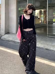 DAZY Women's Floral Print Casual Loose Relaxed Wide Leg Jeans, - Blue - View 3