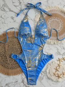 Swim SXY Women's Summer Beach Vacation Halter Neck Special Fabric Dress With Waist Tie And Side Tie Details - Blue - View 4