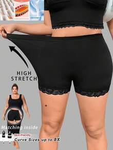 SHEIN CURVE+ Leggings cortos de encaje negro con cintura elástica para mujer de talla grande/2026/Año Nuevo - Negro - Ver 5