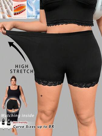 SHEIN CURVE+ Plusstorlekar Dam Svarta Spetsleggings Med Resår I Midjan/2026 /Nyår