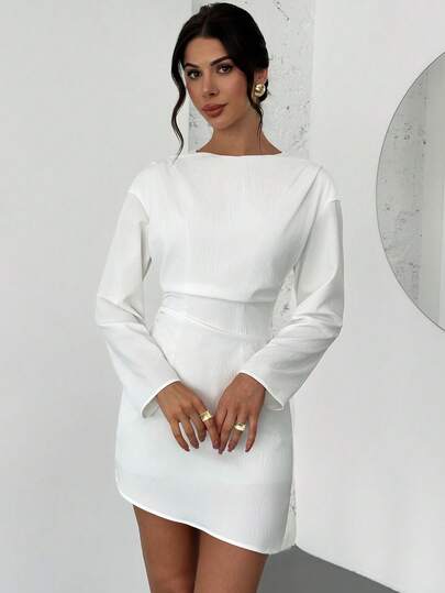 Firerie Women's Elegant Casual Commuter Fashion Dress, White Bamboo Texture Fabric Long Sleeve Boat Neck Pleated Shoulder & Waist Design Asymmetrical Hem Fitted Dress, Elegant Casual Party Dress, Women's Dress, White Dress, Teacher Outfit, Work Attire, Holiday, Date