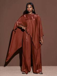 Veslaya 2025 Plus Size Women's Winter Clothing Glossy Fabric Cape Style Top Loose Pants Two Pieces Set, Suitable For Christmas/New Year Clothing/Parties/Women's Elegance/Shiny Two Pieces Set/Women's Thanksgiving Outfit/Formal Dress - Red - View 6