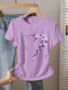 Resyla 大码女式豹纹户外上衣，夏季新品，收腰褶皱修身款，大码女式短袖T恤，百搭优雅，假日风，图案设计，心形蝴蝶印花，紫色，大码女式T恤 - 紫色 - 查看 1