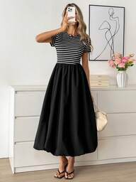 Easowa 여성용 라운드넥 스트라이프 패치워크 허리 신칭 드레스, 휴가 및 데이트에 적합