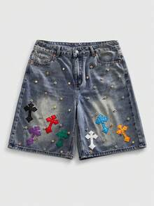 ROMWE MEN Men's Rhinestone Cross Embroidered Denim Shorts - Blue - View 1