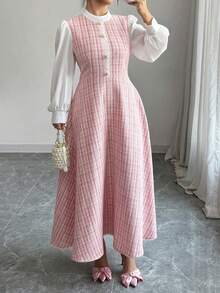 Modelyn Plus Size Tweed Woven Textured Long Sleeve Fitted A-Line Dress, Autumn/Winter - Pink - View 1