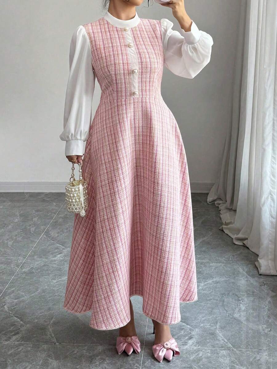 Modelyn Plus Size Tweed Woven Textured Long Sleeve Fitted A-Line Dress, Autumn/Winter - Pink - View 1
