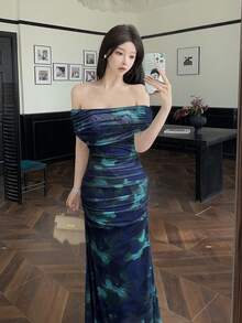 Modelyn Đầm cưới/đầm dự tiệc thanh lịch dành cho nữ, chất liệu lưới hoa, kiểu trễ vai, xếp ly eo. - Nhiều màu - Xem 8