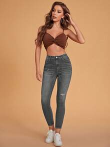 SHEIN Cottnline Cotton High Waist Ripped Skinny Jeans - Grey - View 4