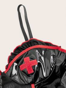 6pack Ruffle Trim Contrast PU Leather Maid Costumes Set - Black - View 3