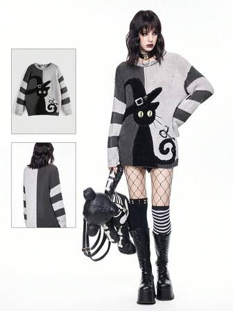 Goth Suéter de cuello redondo holgado con gato negro misterioso, diseño de intarsia de yin yang y rayas