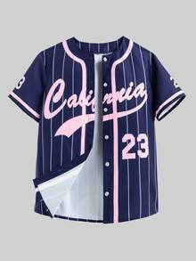 SHEIN 少女黑色条纹复古字母印花宽松外套、黄色修身吊带背心和黄色短裤 - 寶藍色 - 查看 4