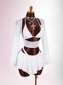 Amplova 2pcs/Set Sequin Detail Sexy Tight Fit Long Sleeve Crop Top & Tight Fit Inverted V Mini Skirt White Two Piece Set Women Sparkly Mesh Two Piece Set Two Piece Skirt Set Sparkly Two Piece Set White 2 Piece Outfit Vacation Outfits Women Y2K Valentine's Day - White - View 6