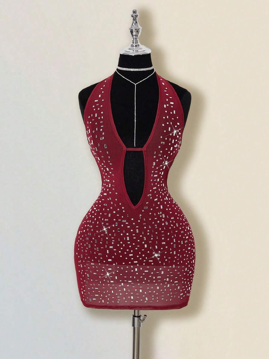 SHEIN ICON Women's Apricot Deep V Rhinestone Sheer Backless Mini Dress, Sexy For Party And Events - Burgundy - View 1