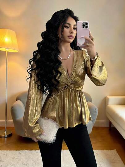 Elenzga 女士秋季派对V领扭结前腰褶皱A字上衣