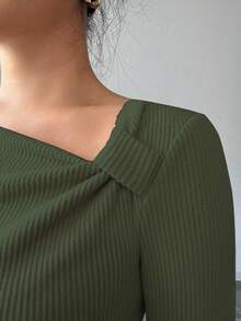 Selianne Đầm ngắn tay dài màu trơn thời trang dành cho nữ, kiểu dáng bất đối xứng vai. - xanh quân đội - Xem 7