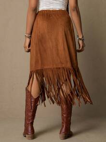 Freevana 大码波西米亚风麂皮流苏半身裙，休闲假日风 - 棕色 - 查看 2