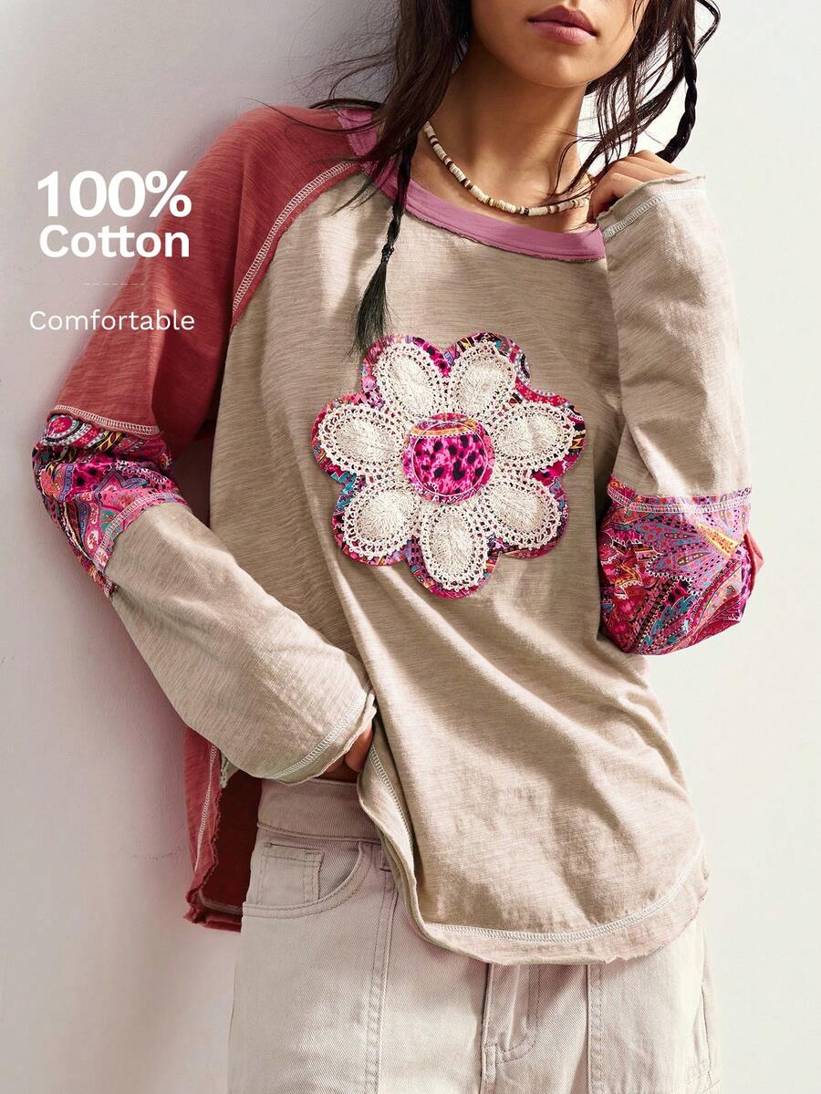 Bohemela 秋冬波西米亚风度假休闲拼接长袖宽松水洗女式图案T恤 - 彩色 - 查看 1