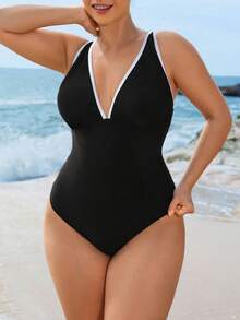 Swim SPRTY 大码女士纯色滚边连体泳衣，可调节肩带，可拆卸胸垫，独特褶皱V领，优雅花卉镂空露背，休闲时尚海滩度假泳装 - 黑色 - 查看 3