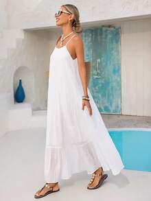 Vivid Eden 女士宽松休闲度假连衣裙，荷叶边下摆，露背设计，纹理面料，春夏款 - 白色 - 查看 5
