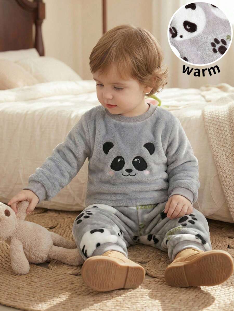 LMoss Kids LMoss 2pcs Baby Boy Panda Print Crew Neck Long Sleeve Pullover Sweatshirt And Elastic Cuff Thick Pants Set,Pajama Set, Perfect For Autumn And Winter Wear, Featuring A Cute Panda Pattern. - Multicolor - View 1