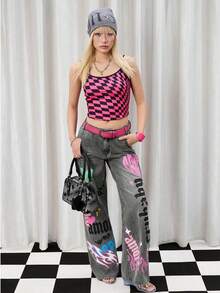 Y2Kool Vecteezy 女士冬季新年休闲宽松直筒牛仔裤，纽扣口袋，日常穿着，搭配灵感包括印花牛仔裤、Y2K牛仔裤、设计牛仔裤、火焰牛仔裤等，时尚服饰系列，新年穿搭，Emo裤，图案牛仔裤，辣妹棉质牛仔裤。 - 灰色 - 查看 5