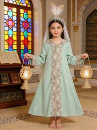 Young Girls Mint Green Long Dress, Featuring Lightweight And Lustrous Fabric, V-Neck Lace Trim, Long Sleeves With Lace Cuffs, Elegant And Flattering Silhouette, Suitable For Formal Occasions Like Weddings, Concerts In Spring/Summer