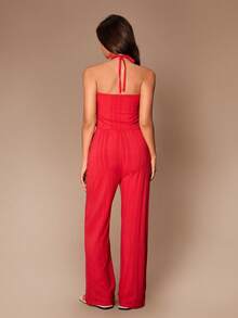 Lazeform Women's Ribbed Knit Halter Jumpsuit Sleepwear - Red - View 2
